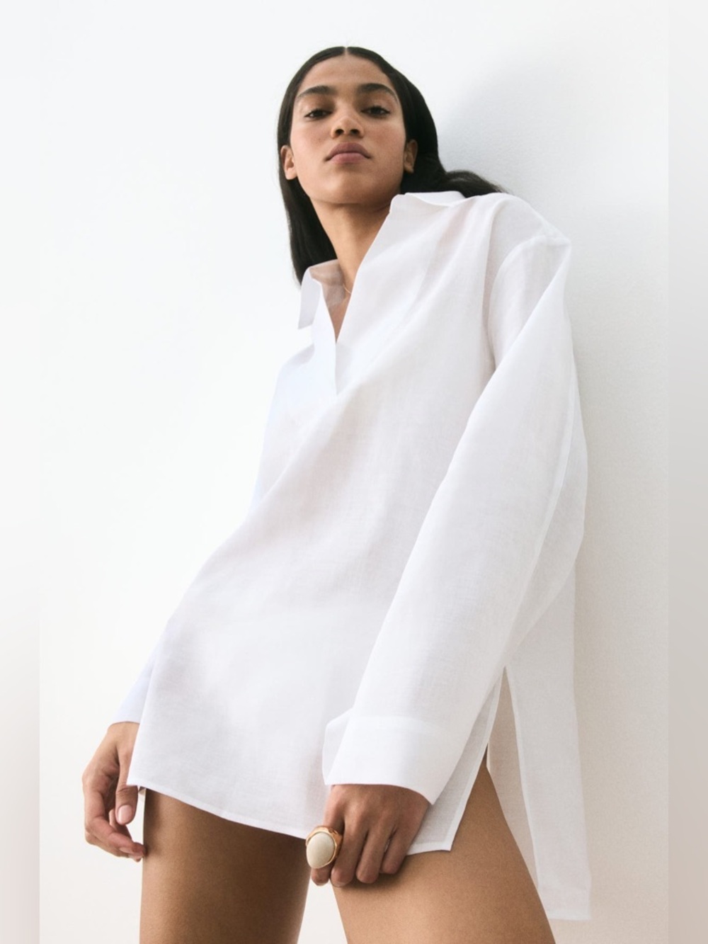 H&M Edition Loose-Fit Pullover Shirt in a Sheer, Woven Ramie.